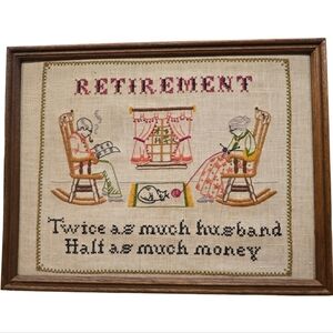 Framed Cross Stitch Home Decor Retirement Saying "Twice as Much Husband"